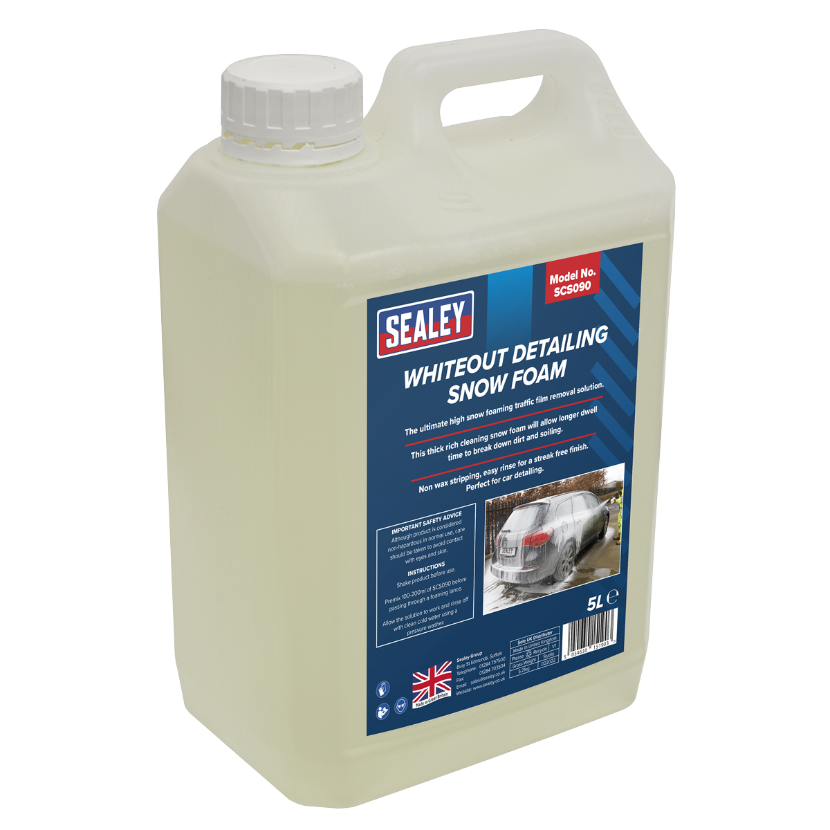 A 5-liter container of Sealey's Whiteout Detailing Snow Foam (SCS090) for vehicle cleaning, featuring red, white, and blue labeling with usage instructions and branding information. Ideal for car detailing, it delivers high snow foam for effective traffic film removal.