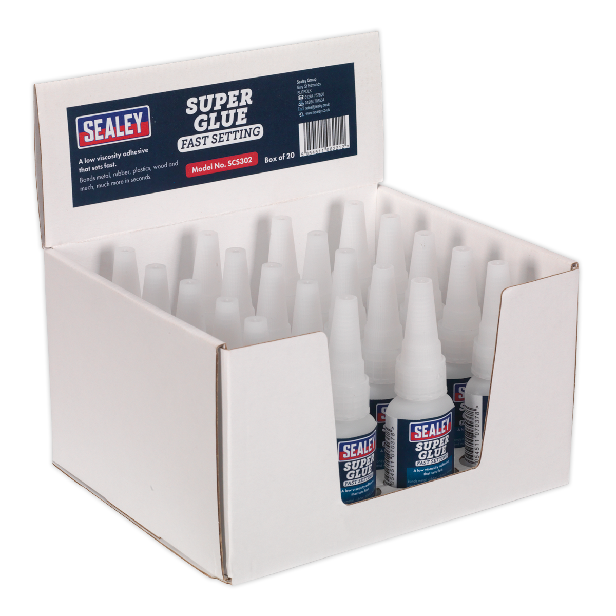 A display box containing 20 bottles of Sealey Super Glue Fast Setting 20g (SCS302), each labeled as a fast-setting adhesive. The box showcases product information on the front and highlights its ability to bond metal.