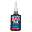 A bottle of Sealey Multi Gasket Sealant Orange 50ml (Model No. SCS574) featuring a nozzle tip and concertina applicator. The label indicates it's ideal for sealing fine fitting points on metal faces and flanges, making it perfect for flange connections, with high oil resistance for reliable performance.