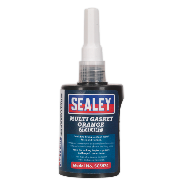 A bottle of Sealey Multi Gasket Sealant Orange 50ml (Model No. SCS574) featuring a nozzle tip and concertina applicator. The label indicates it's ideal for sealing fine fitting points on metal faces and flanges, making it perfect for flange connections, with high oil resistance for reliable performance.