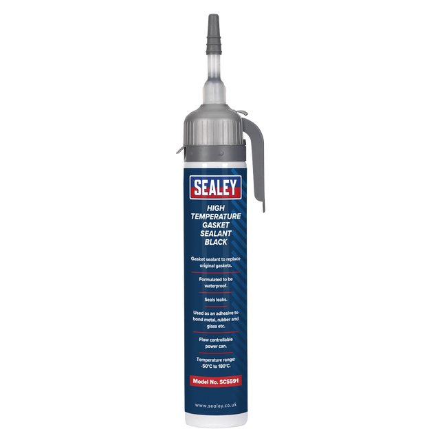 A 200ml tube labeled "Sealey High Temperature Gasket Sealant Black - SCS591," featuring product details and waterproof usage instructions.