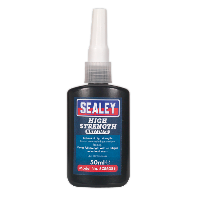 A 50 ml bottle of Sealey High Strength Retainer SCS638S adhesive, perfect for cylindrical fitting parts. The label text emphasizes its high retention strength and low cure shrinkage. This adhesive cures in the absence of air to secure close-fitting joints.