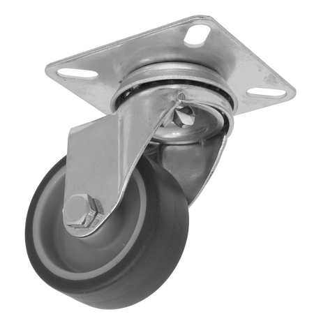 The Sealey Medium-Duty Thermoplastic Swivel Castor Wheel Ø50mm - Trade - SCW250SPEM features a robust metal housing and a black thermoplastic wheel, designed for mounting onto furniture or equipment. This versatile unit offers reliable performance and superior load capacity for smooth mobility.