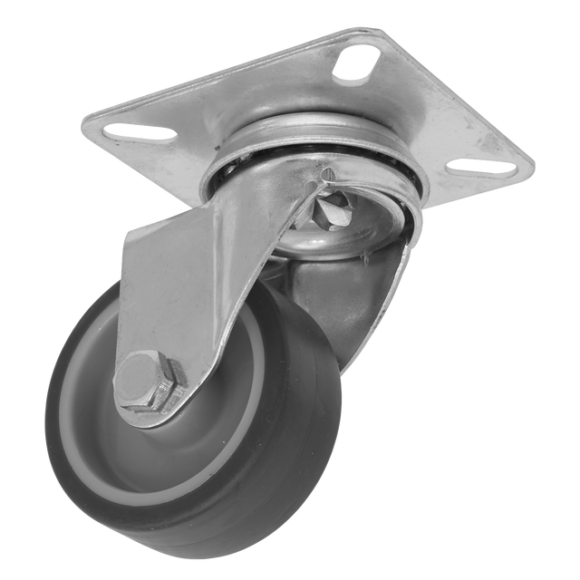 The Sealey Medium-Duty Thermoplastic Swivel Castor Wheel Ø50mm - Trade - SCW250SPEM features a robust metal housing and a black thermoplastic wheel, designed for mounting onto furniture or equipment. This versatile unit offers reliable performance and superior load capacity for smooth mobility.