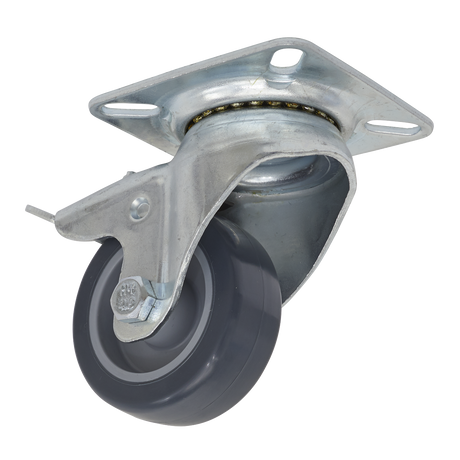 The Sealey Castor Wheel Swivel Plate with Total Lock Ø50mm (SCW250SPL), featuring a metal bracket and a gray, non-marking wheel, is shown.