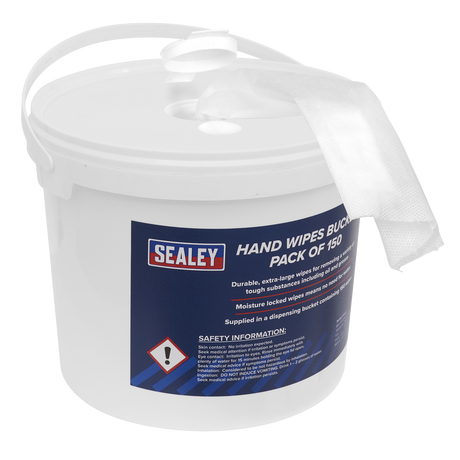 The Sealey Hand Wipes Bucket - Pack of 150 - SCW3 is a white plastic container featuring a convenient carrying handle and a roll of extra-large, durable wipes protruding through its lid. This bucket comes with comprehensive safety information and usage details, making it ideal for removing oil and grease.