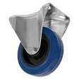 Introducing the Sealey Heavy-Duty Blue Elastic Rubber Fixed Castor Wheel Ø100mm - Trade - SCW3100FPEM, featuring a robust blue and black elastic rubber wheel with a metal bracket for secure attachment and capable of handling loads up to 100kg.