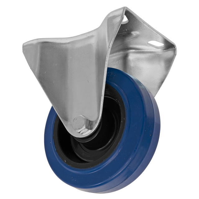 Introducing the Sealey Heavy-Duty Blue Elastic Rubber Fixed Castor Wheel Ø100mm - Trade - SCW3100FPEM, featuring a robust blue and black elastic rubber wheel with a metal bracket for secure attachment and capable of handling loads up to 100kg.