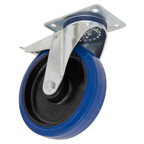Heavy-Duty Blue Elastic Rubber Swivel Castor Wheel With Total Lock Ø100mm - Trade - SCW3100SPLEM - Farming Parts