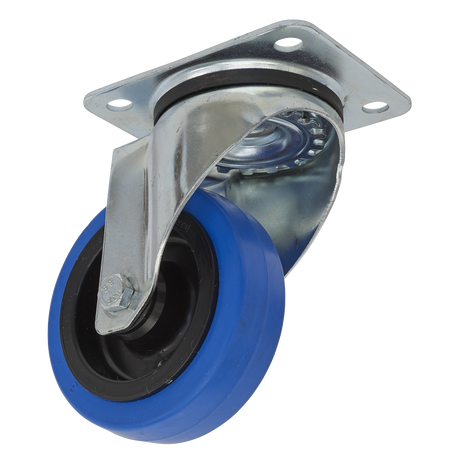 The Sealey Castor Wheel Swivel Plate Ø100mm - SCW3100SP is a blue and black caster wheel with a metal mounting bracket and ball bearing swivel mechanism, featuring a non-marking polyamide elastic wheel. This extra-heavy-duty swivel plate castor boasts a load capacity of 160kg.