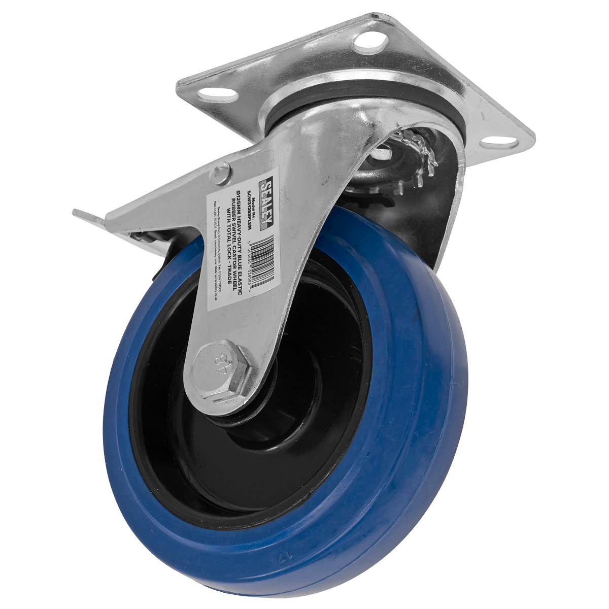 Heavy-Duty Blue Elastic Rubber Swivel Castor Wheel with Total Lock Ø125mm - Trade - SCW3125SPLEM - Farming Parts