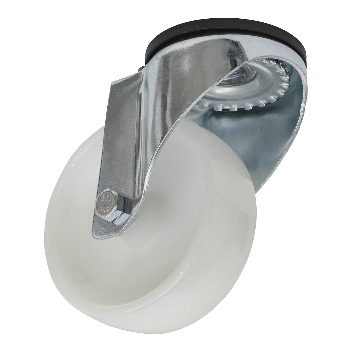 The Sealey Castor Wheel Bolt Hole Swivel Ø100mm - SCW4100SB is a white, polyamide wheel swivel castor featuring a heavy-duty metal bracket and mounting plate.