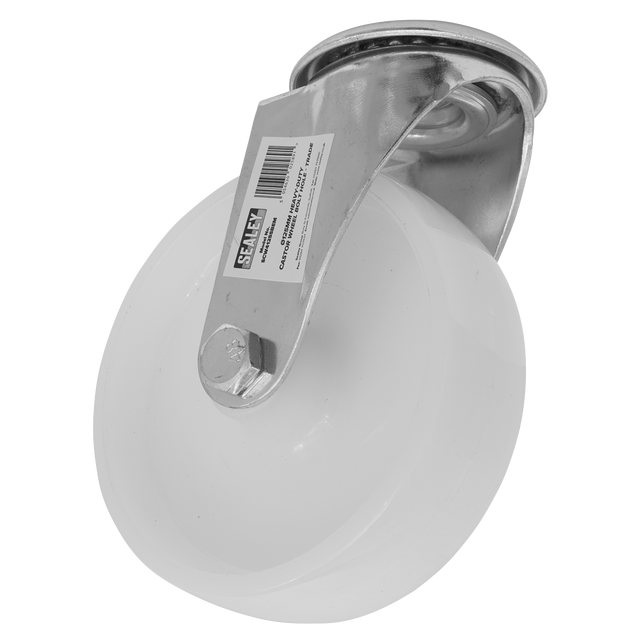 The Sealey Heavy-Duty Trade Castor Wheel Bolt Hole Ø125mm - Trade - SCW4125SBEM features a sturdy white nylon wheel with a metal bracket and an integrated barcode. This robust castor wheel is designed to support up to 230kg.