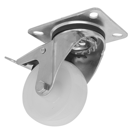 The Sealey Heavy-Duty Nylon Castor Wheel Swivel with Total Lock Ø80mm - Trade - SCW480SPLEM is shown. It features a durable nylon wheel and a metal mounting plate with four screw holes, ensuring reliable load capacity.