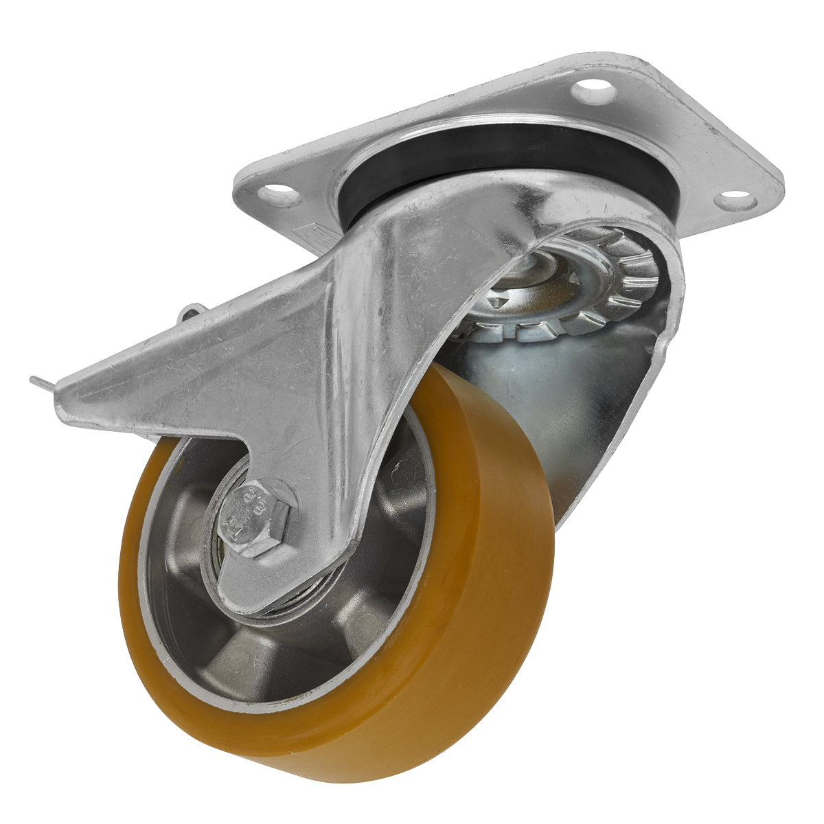 The Sealey Castor Wheel Swivel Plate with Total Lock Ø125mm - SCW5125SPL, a yellow rubber castor with a metal mounting plate and housing, is designed for furniture or equipment mobility. This ultra-heavy-duty castor ensures effortless swivel movement and reliable performance.