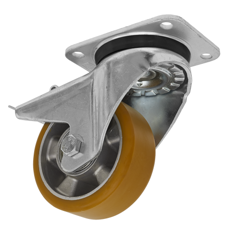 The Sealey Castor Wheel Swivel Plate with Total Lock Ø125mm - SCW5125SPL, a yellow rubber castor with a metal mounting plate and housing, is designed for furniture or equipment mobility. This ultra-heavy-duty castor ensures effortless swivel movement and reliable performance.
