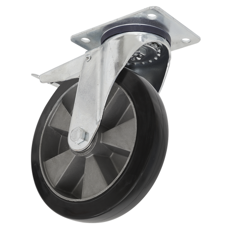 The Sealey Heavy-Duty Rubber Castor Wheel Swivel with Total Lock Ø200mm - Trade (SCW5200SPLEM) is depicted, showcasing its impressive 350kg load capacity. This caster features a metal swivel and a black rubber wheel, along with a mounting plate at the top for straightforward attachment.