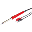 The Sealey Soldering Iron 40W/12V - SD1240 features a red and black design with attached cables and a pointed metal tip for heating and melting solder. It includes replaceable soldering tips and a high-quality heater element that ensures consistent performance, showcasing the reliability of Sealey tools.