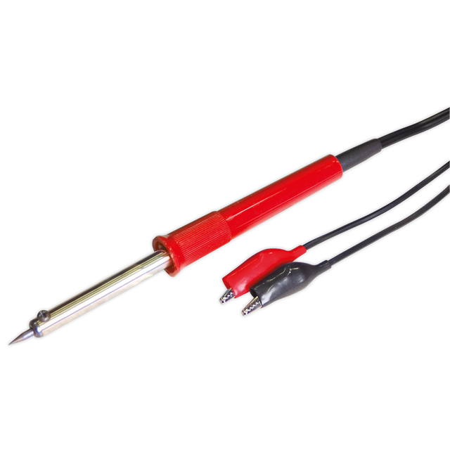 The Sealey Soldering Iron 40W/12V - SD1240 features a red and black design with attached cables and a pointed metal tip for heating and melting solder. It includes replaceable soldering tips and a high-quality heater element that ensures consistent performance, showcasing the reliability of Sealey tools.