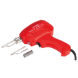 A Sealey Soldering Gun Kit 100W - SD200, featuring a red body, black cord, metal soldering tip, and coil of solder wire, known for its instant heat feature, placed on a white background.