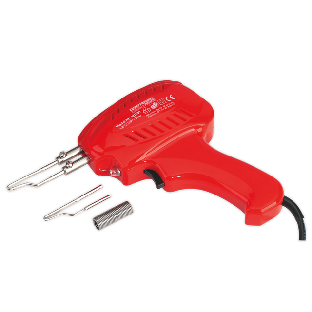 A Sealey Soldering Gun Kit 100W - SD200, featuring a red body, black cord, metal soldering tip, and coil of solder wire, known for its instant heat feature, placed on a white background.