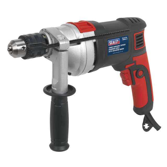 The Sealey Hammer Drill Ø13mm Variable Speed with Reverse 850W/230V - SD800 is a professional-grade tool equipped with a side handle, variable speed control, a robust metal chuck, and stylish red and black accents. Designed for masonry work, it ensures precision and durability in even the most demanding tasks.