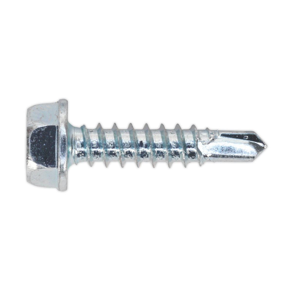 Close-up image of a Sealey Self-Drilling Screw 4.2 x 19mm Hex Head with a sharp point for drilling and zinc plating for extra durability, available in a pack of 100 (Model SDHX4219).