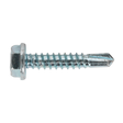 A close-up image of a Sealey Self-Drilling Screw (4.8 x 25mm) Hex Head Zinc Pack of 100 - SDHX4825, conforming to DIN 7504K, with a sharp pointed tip.