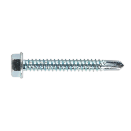 A close-up image of a Sealey Self-Drilling Screw 6.3 x 50mm (SDHX6350) hex head with a pointed tip and threaded body, zinc plated for extra durability, available in a pack of 100.