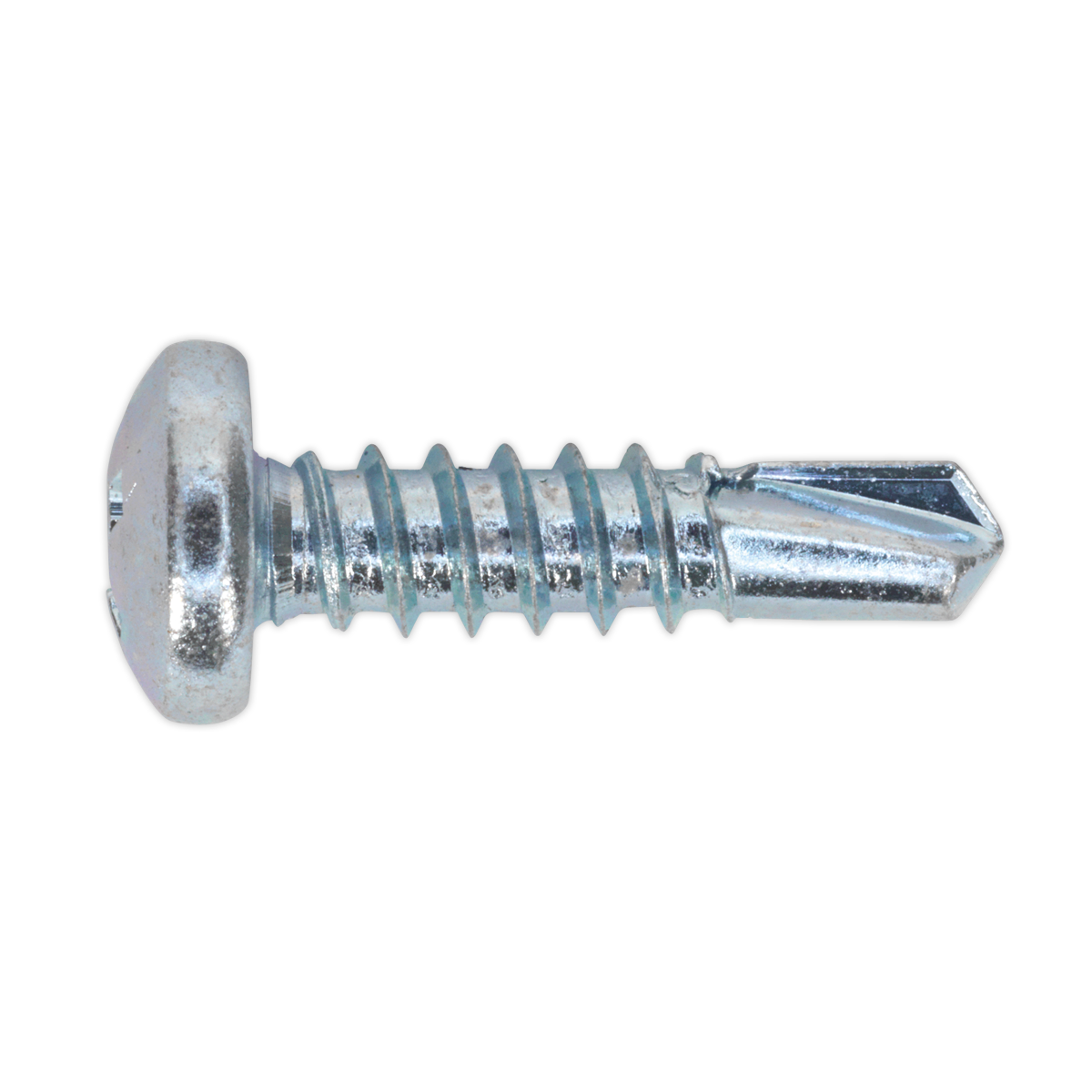 A close-up image of the Sealey Self-Drilling Screw 4.8 x 19mm Pan Head Phillips Zinc Pack of 100 - SDPH4819 showcases its flat, round pan head and threaded shaft ending in a pointed tip. The metallic screw is zinc plated, giving it a sleek finish.