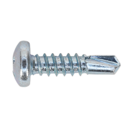 A close-up image of the Sealey Self-Drilling Screw 4.8 x 19mm Pan Head Phillips Zinc Pack of 100 - SDPH4819 showcases its flat, round pan head and threaded shaft ending in a pointed tip. The metallic screw is zinc plated, giving it a sleek finish.