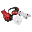 Sealey's Flexi Grip Gloves, FFP1 Mask, Goggles & Ear Defenders - SEP2 set, featuring nitrile palm gloves in red and black, earmuffs, standard goggles, and an FFP1 fold flat mask, arranged on a white background.