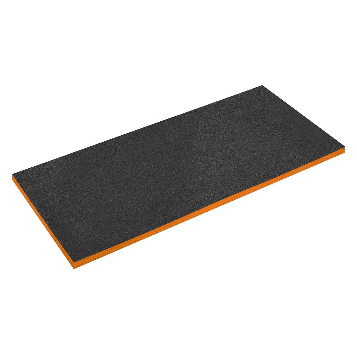 The Easy Peel Shadow Foam® Orange/Black 1200 x 550 x 30mm - SF30OR by Sealey, featuring a black rectangular surface and an orange underside made from durable polyethylene, laid flat on a white background.