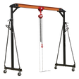 Introducing the Sealey Portable Lifting Gantry Crane Adjustable 1 Tonne & Hoist Combo - SG1000KIT, a height-adjustable gantry crane with a hoist assembly. This versatile equipment features a black and orange frame mounted on caster wheels for effortless mobility and includes chains that hang from the chain block to lift heavy objects up to 1000kg.