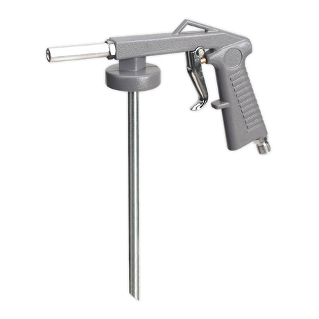 The Sealey Air Operated Underbody Coating Gun - SG139, featuring a silver design with a long nozzle and trigger handle, is optimized for performance at an air pressure of 90psi and attached to a circular base.