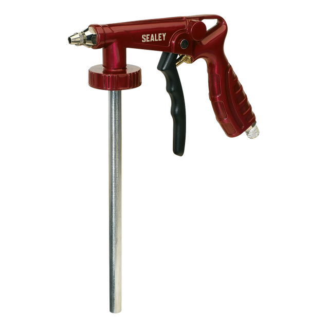 The Sealey Underbody Coating Gun Air Operated - SG14 features a red design, a metal tube, and a black handle grip. It's specifically designed for cleaning or spraying applications and is ideal for wax spraying nozzle jobs or use as an automotive coating gun.
