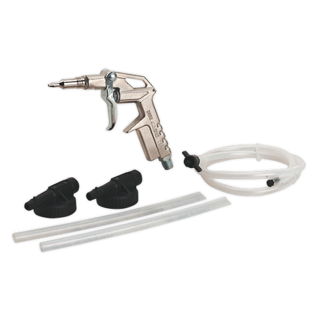 The Sealey Underbody Coating/Wax Injector Kit Disposable Heads - SG14D includes an air gun, two rubber nozzles, a flexible hose, and a white plastic hose with fittings. It also comes with replacement heads for versatile use.