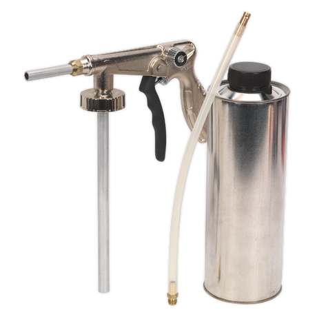 The Sealey Underbody Coating Spray Set Air Operated Deluxe Model - SG16 features a metal spray gun with a black handle, connected to a silver canister and tube. It is typically used for various cleaning, coating, or lubrication applications and incorporates an integrated air control valve to ensure precise spray settings for optimal performance.