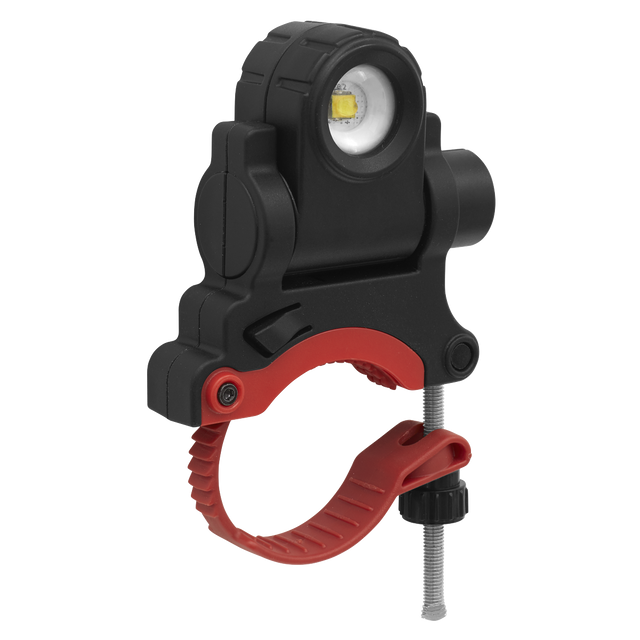 A Sealey Rechargeable Spray Gun Light 5W SMD LED (SGL01) in black and red, featuring a clamp-on design with an adjustable screw mechanism and high colour rendering index.