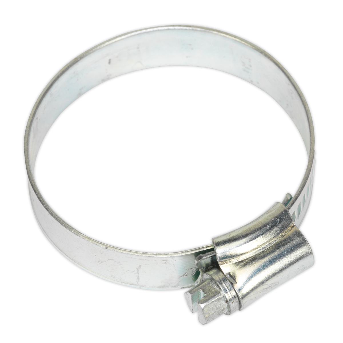 A close-up of the Sealey Hose Clip Zinc Plated Ø35-51mm from pack SHC2A, featuring a screw mechanism for tightening. The circular clamp is zinc plated and silver in color.