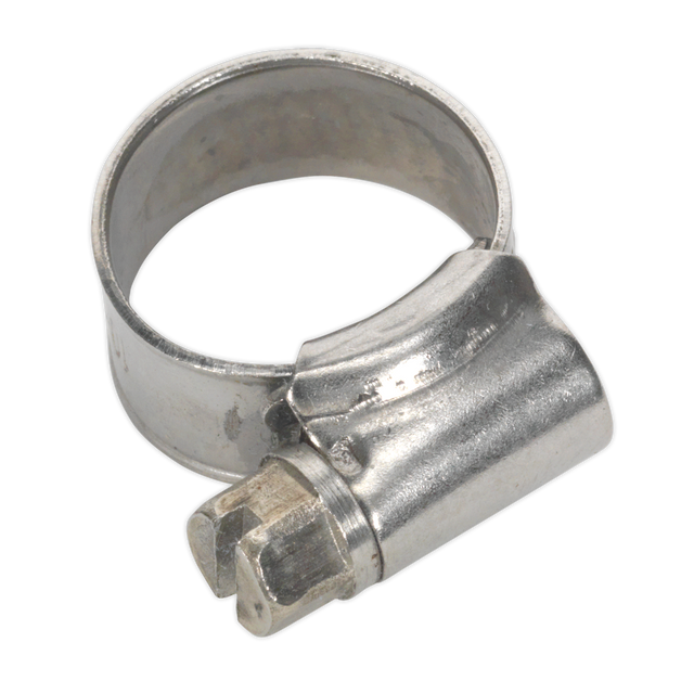 The Sealey Hose Clip Stainless Steel Ø10-16mm, Pack of 10 (SHCSS000), is a DIN 3017 compliant stainless steel clip featuring a screw mechanism for precise tightening.