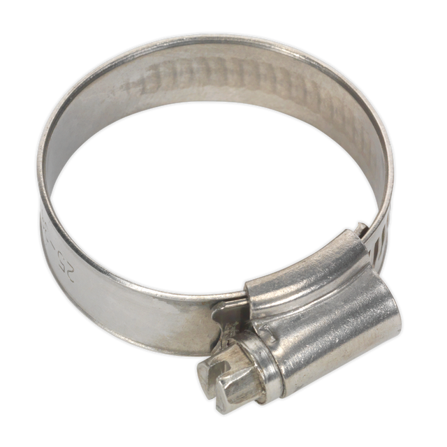The Sealey Hose Clip Stainless Steel Ø25-38mm (Pack of 10 - SHCSS1A) features a screw mechanism for tightening and complies with DIN 3017 standards.