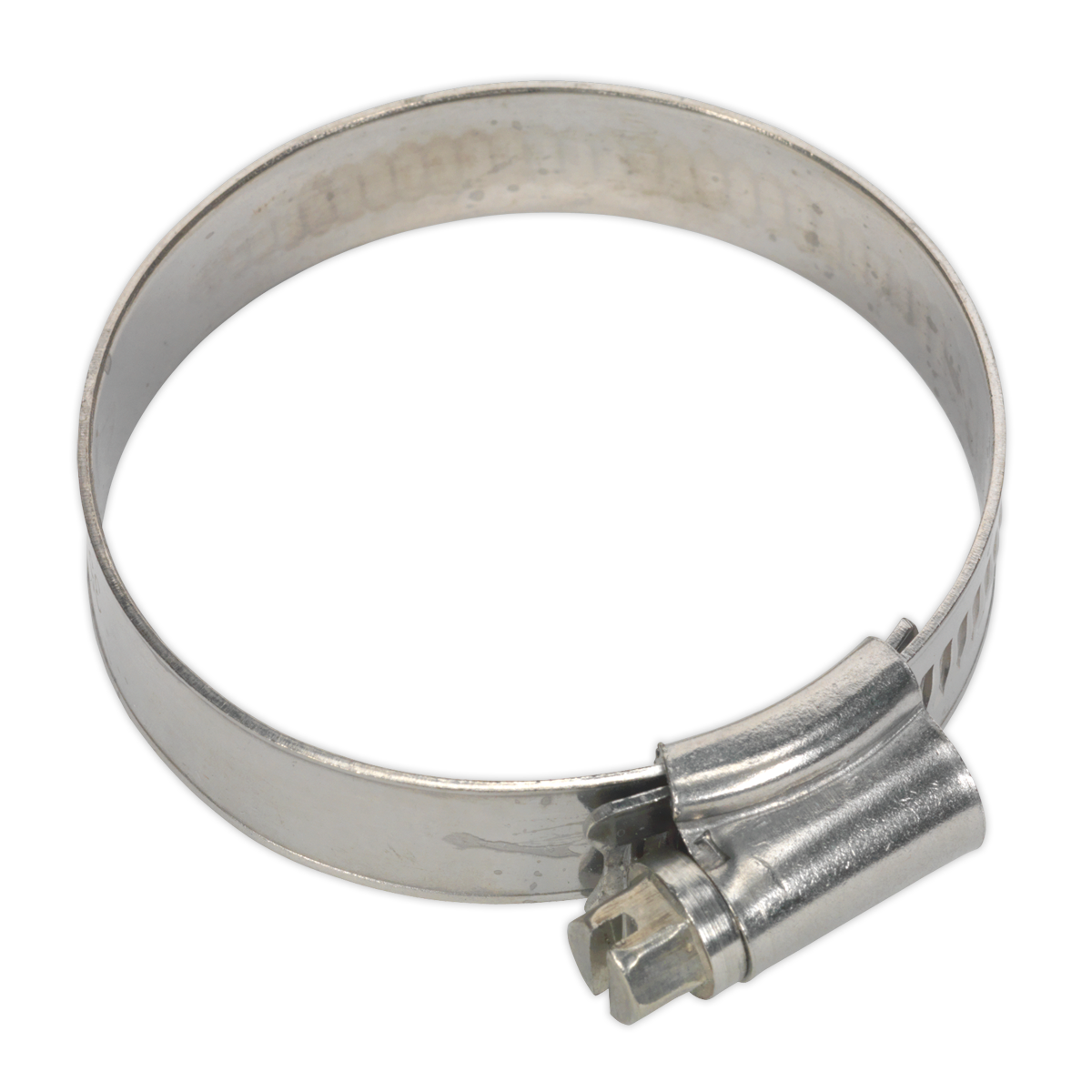 This stainless steel hose clip from Sealey, named Hose Clip Stainless Steel Ø35-51mm Pack of 10 - SHCSS1X, is compliant with DIN 3017 standards and crafted from SS301A Grade material, featuring a screw mechanism for tightening.