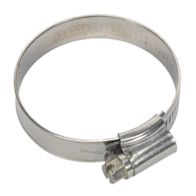 This stainless steel hose clip from Sealey, named Hose Clip Stainless Steel Ø35-51mm Pack of 10 - SHCSS1X, is compliant with DIN 3017 standards and crafted from SS301A Grade material, featuring a screw mechanism for tightening.