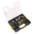 The Sealey Hose Clip Assortment 90pc Stainless Steel Ø10-57mm - SHCSS90AC is a plastic compartment box with a clear lid containing various sizes of stainless steel hose clips. Built to DIN 3017 standards, the box features a black base with yellow clasps and a carrying handle.