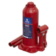 A red Sealey Bottle Jack 5 Tonne - SJ5 with a 2-piece handle and detached parts, designed for lifting heavy objects, featuring an overload valve for added safety.