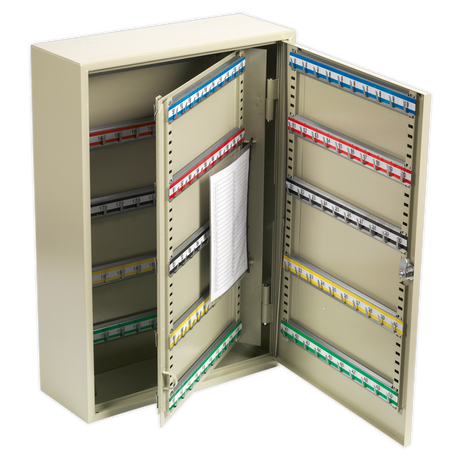 The Sealey Key Cabinet 200 Key Capacity - SKC200 features an open metal design with a cam type lock, colour-coded hook bars for key organization, a mounted key index sheet, and multiple rows of colored key tags.