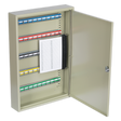 The Sealey Key Cabinet 50 Key Capacity - SKC50, with its open door, reveals several rows of colored, adjustable hook bars and a hanging log sheet for key management, ensuring easy key location.