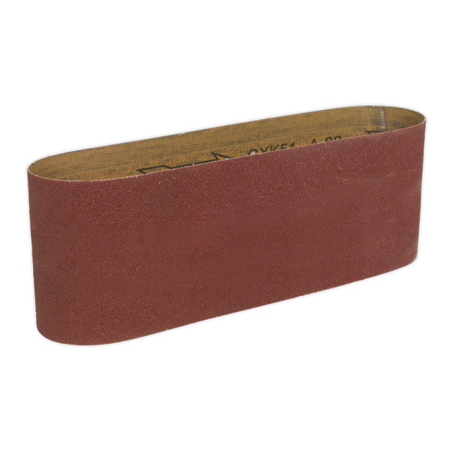 The Sealey Sanding Belt 610 x 100mm 80Grit - SM1300B610 is a red abrasive sanding belt with a continuous loop design, commonly used for smoothing surfaces in woodworking or metalworking. This 80-grit sanding belt provides efficient and precise results.
