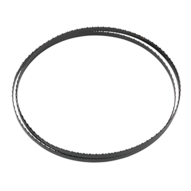 A black circular Sealey Bandsaw Blade 1400 x 6.5 x 0.35mm 10tpi - SM1303B10, featuring a textured surface and hardened steel teeth, set against a white background.